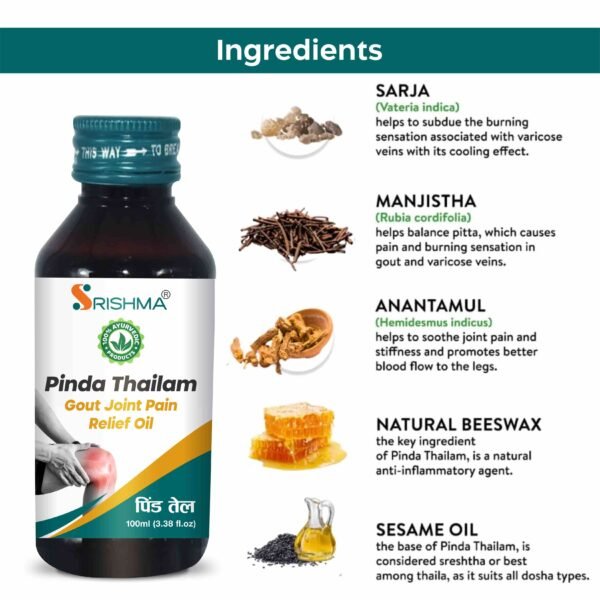 Srishma Ayurvedic Pinda Thailam | Gout Joint Pain Relief Oil | 2×100 ml | - Image 4