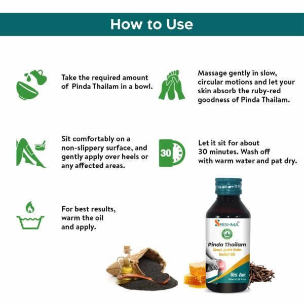 Srishma Ayurvedic Pinda Thailam | Gout Joint Pain Relief Oil | 2×100 ml | - Image 5