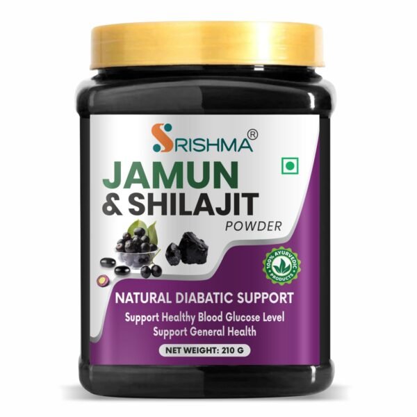Srishma Jamun and Shilajit Powder is a powerful Ayurvedic blend of 15 potent herbs that support blood sugar control, energy boost, and detoxification. Formulated with Jamun, Shilajit, Gudmar, Vijaysar, Giloy, and more, this 100% natural supplement enhances metabolism, strengthens immunity, and promotes overall wellness. AYUSH certified & chemical-free.