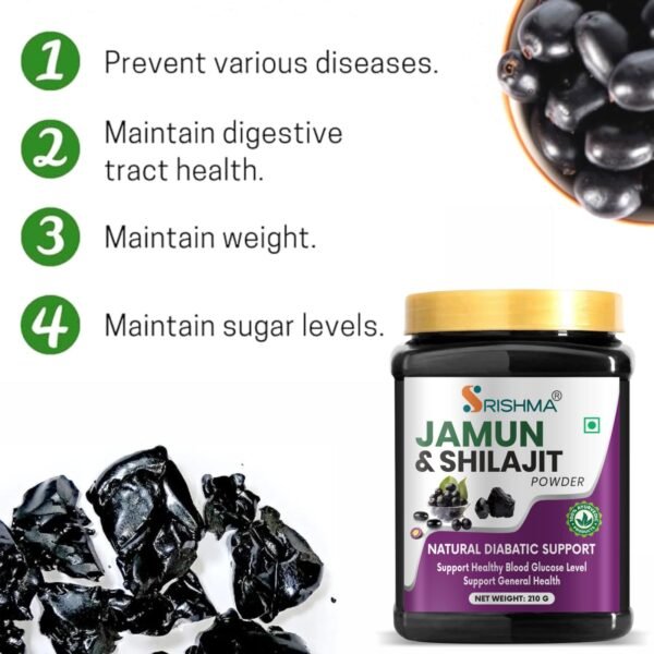 Srishma Jamun and Shilajit Powder is a powerful Ayurvedic blend of 15 potent herbs that support blood sugar control, energy boost, and detoxification. Formulated with Jamun, Shilajit, Gudmar, Vijaysar, Giloy, and more, this 100% natural supplement enhances metabolism, strengthens immunity, and promotes overall wellness. AYUSH certified & chemical-free.