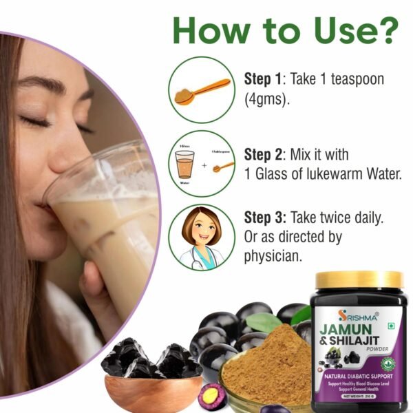 Srishma Jamun and Shilajit Powder is a powerful Ayurvedic blend of 15 potent herbs that support blood sugar control, energy boost, and detoxification. Formulated with Jamun, Shilajit, Gudmar, Vijaysar, Giloy, and more, this 100% natural supplement enhances metabolism, strengthens immunity, and promotes overall wellness. AYUSH certified & chemical-free.